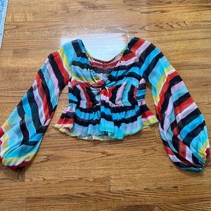 Caroline Constas  silk Andros striped cropped top with balloon sleeves